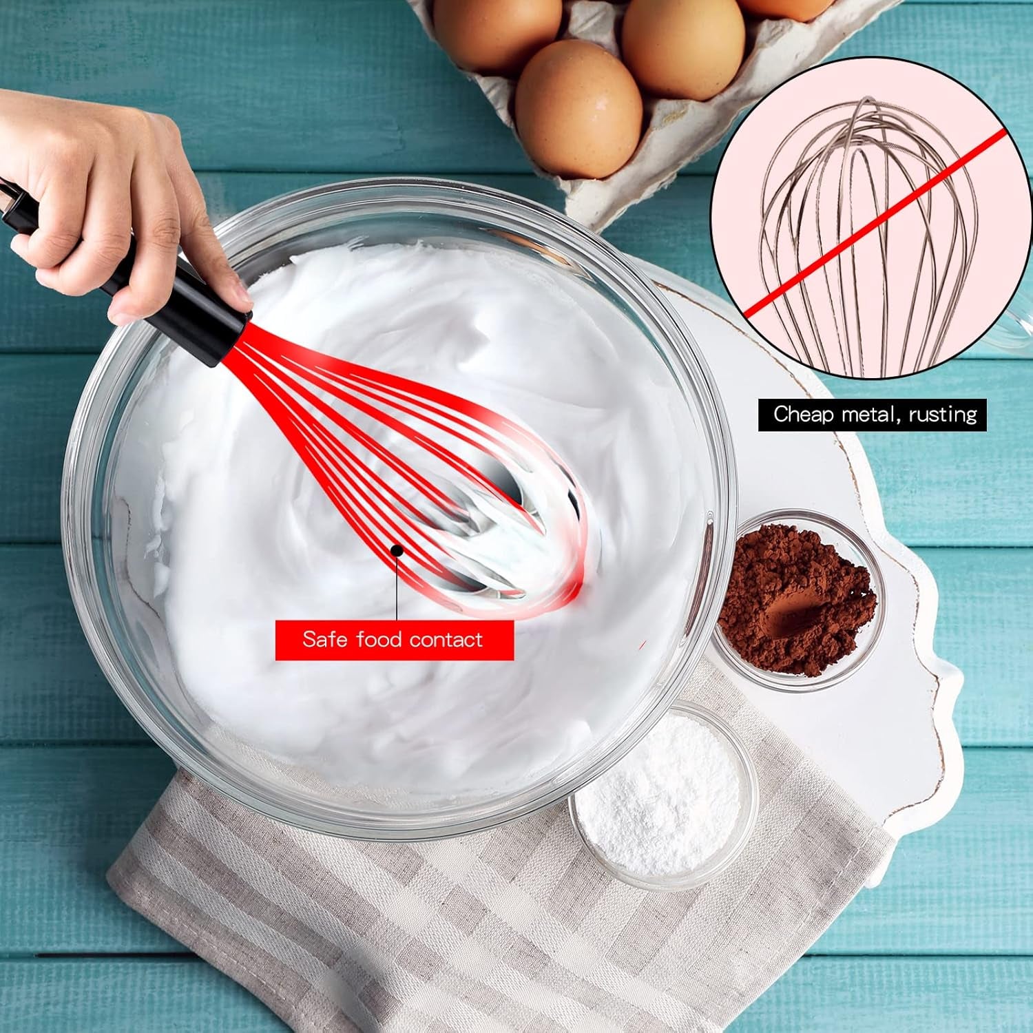 Silicone Whisk, Heat Resistant Stainless Steel Wire Whisk Set of 3, Kitchen Cooking Whisks No Scratch, Non-Stick Cookware Balloon Egg Beater for Blending, Whisking, Frothing & Stirring, Red remove few words