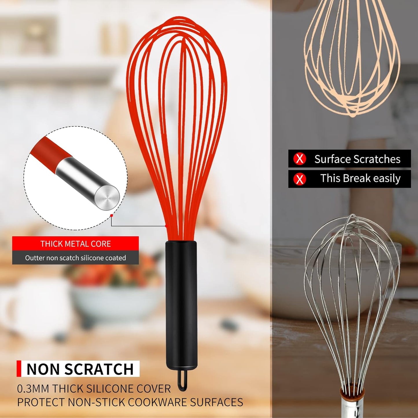 Silicone Whisk, Heat Resistant Stainless Steel Wire Whisk Set of 3, Kitchen Cooking Whisks No Scratch, Non-Stick Cookware Balloon Egg Beater for Blending, Whisking, Frothing & Stirring, Red remove few words