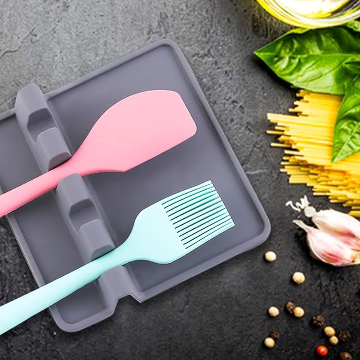 Silicone Spoon Rest with Drip Pad - Large Heat-Resistant Utensil Holder for Spatula, Ladle, and Kitchen Gadgets，1Pcs, Gray, TY339