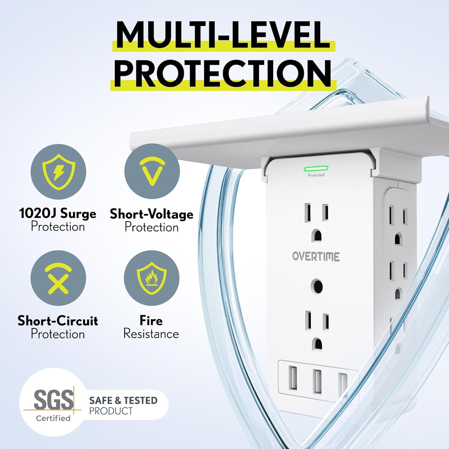 Outlet Extender, Outlet Splitter with 8 AC and 3 USB Outlets, Detachable Shelf, Multi-Plug Outlet Extender with Surge Protector for Home Appliances, Office, and Travel - White