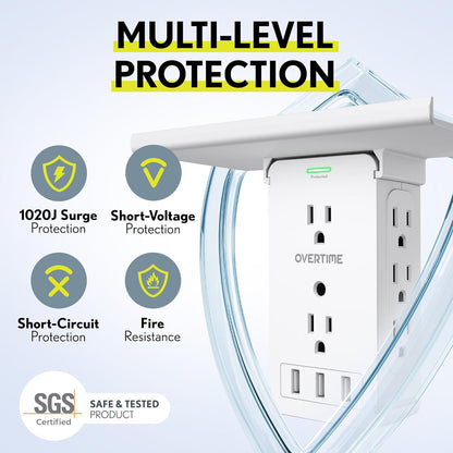 Outlet Extender, Outlet Splitter with 8 AC and 3 USB Outlets, Detachable Shelf, Multi-Plug Outlet Extender with Surge Protector for Home Appliances, Office, and Travel - White