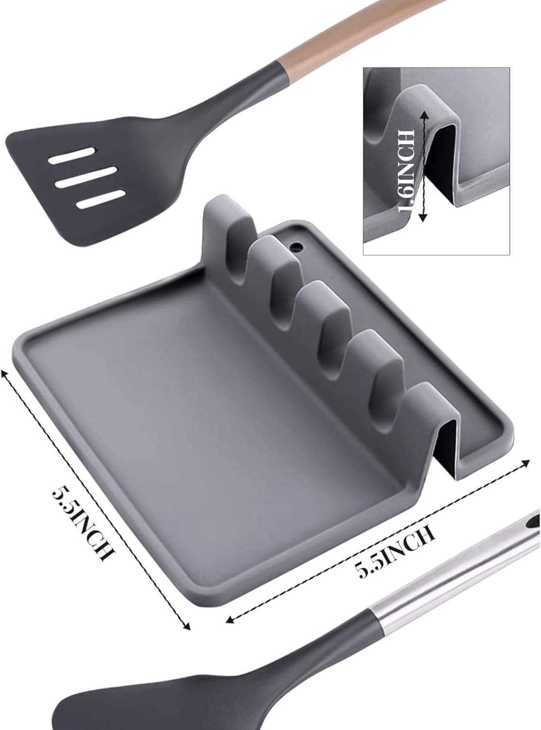 Silicone Spoon Rest with Drip Pad - Large Heat-Resistant Utensil Holder for Spatula, Ladle, and Kitchen Gadgets，1Pcs, Gray, TY339