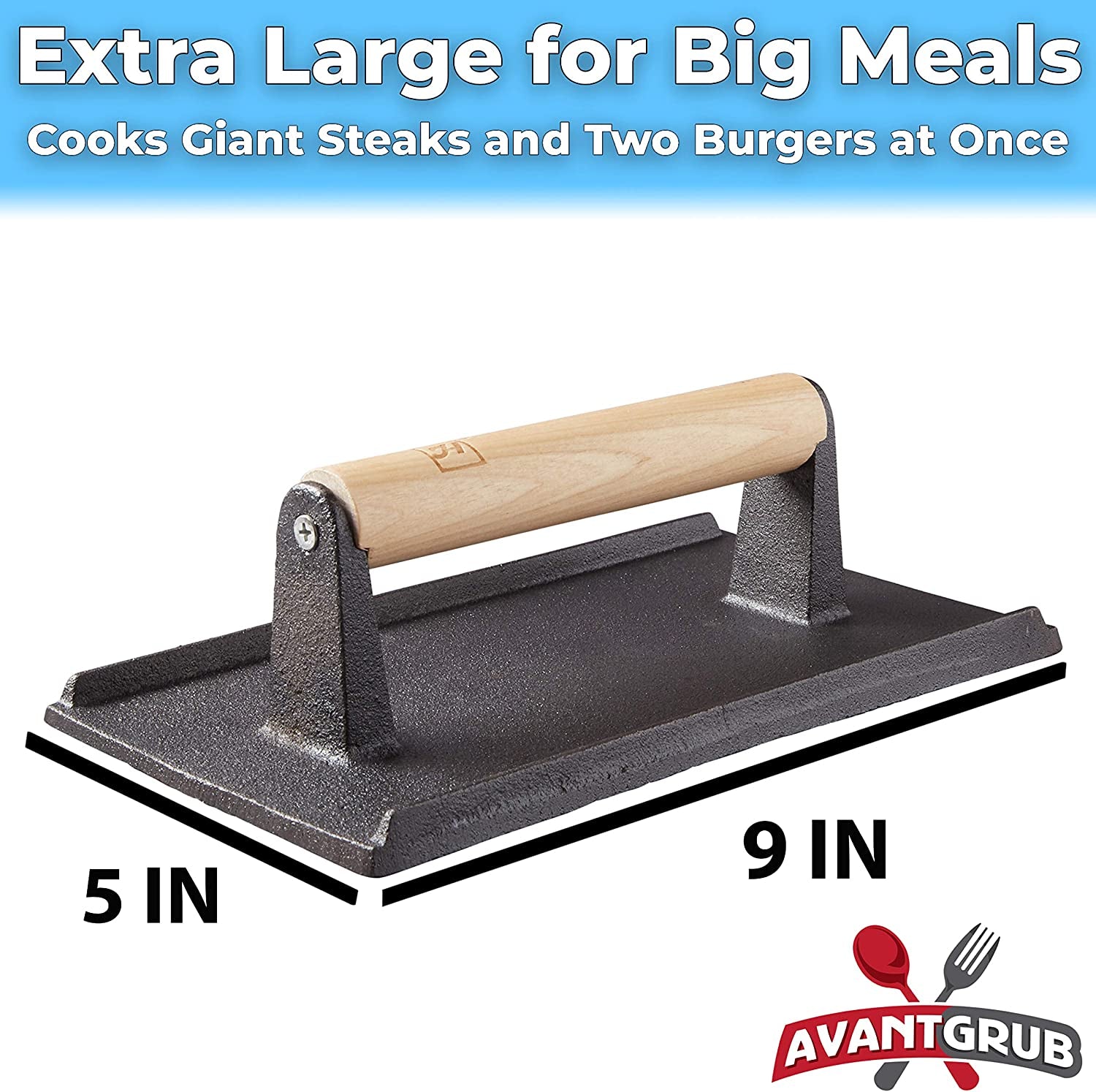 Pro Grade, Pre Seasoned Cast Iron Grill Weight 1Pk. Heavy Duty Steak and Burger Press with Wooden Handle for Grills, Griddles and Flattops. Perfect Gadget for Bacon, Paninis, Sandwiches and Vegetables