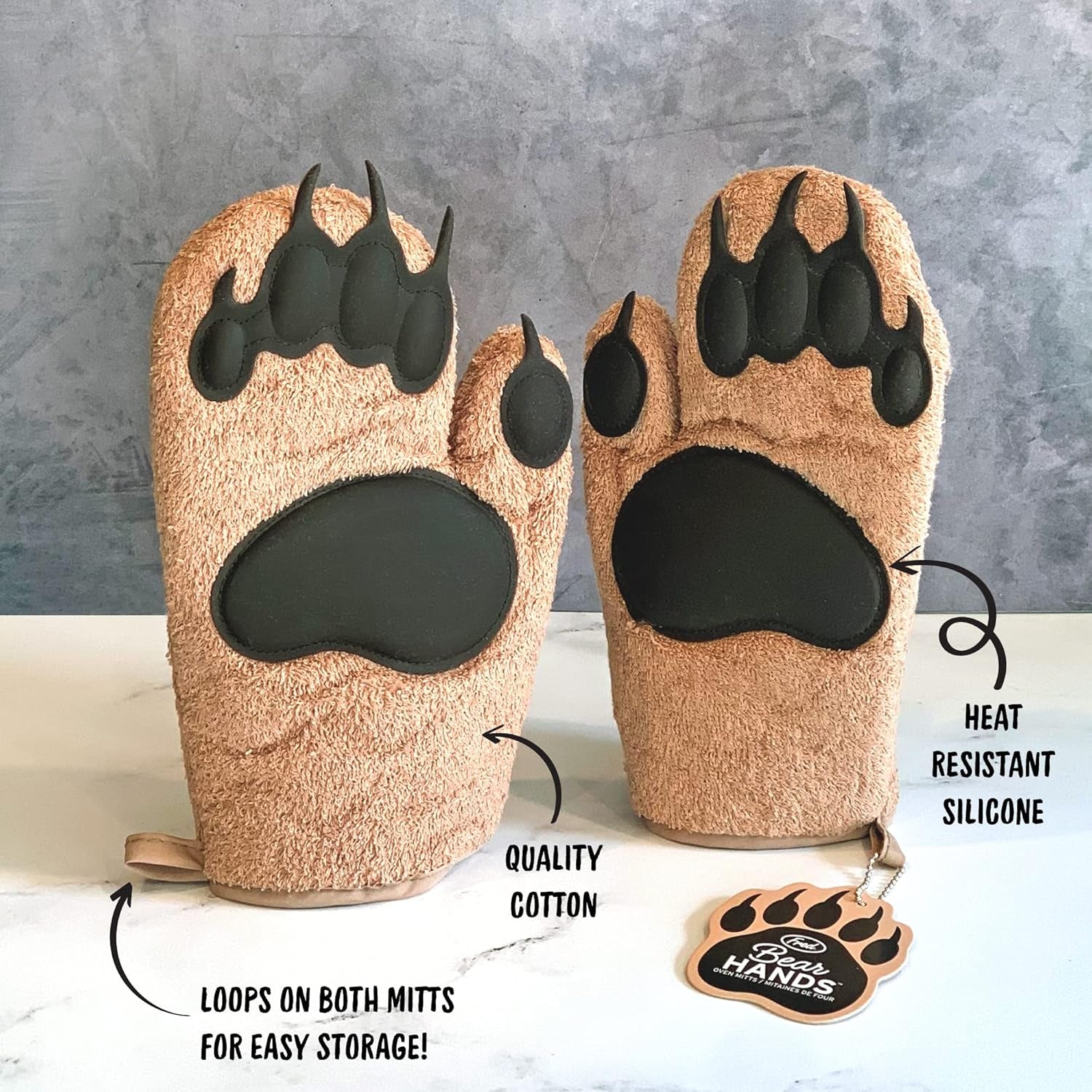 BEAR HANDS Oven Mitts - Quality Cotton with Heat Resistant Silicone - Fun & Function Kitchen Gadgets - Funny White Elephant Gift - Great Gift for Home Cooks, Bakers, & Animal Lovers -