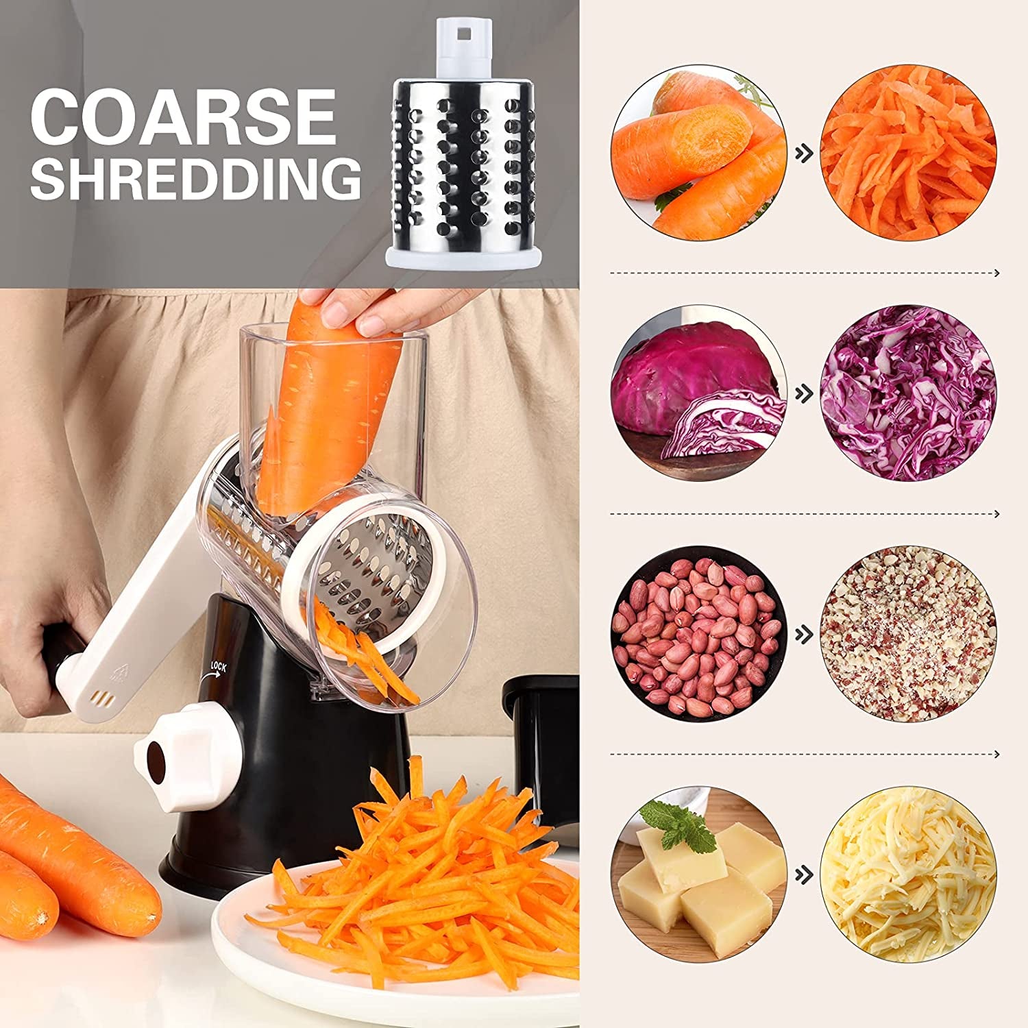 Rotary Cheese Grater Hand Crank Cheese Shredder for Fresh Cheese, Vegetable, Nuts,Non-Slip Suction Base, Free Cleaning Brush Three Blades, Black