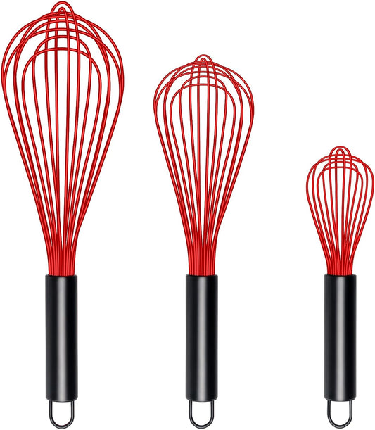 Silicone Whisk, Heat Resistant Stainless Steel Wire Whisk Set of 3, Kitchen Cooking Whisks No Scratch, Non-Stick Cookware Balloon Egg Beater for Blending, Whisking, Frothing & Stirring, Red remove few words