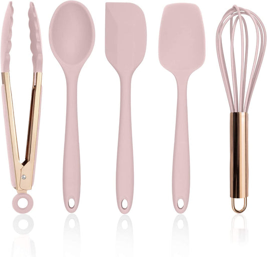 Silicone Cooking Utensils, 5 Pc Kitchen Utensil Set, Easy to Clean, Cooking Utensils for Nonstick Cookware, Kitchen Gadgets Set - Pink and Copper