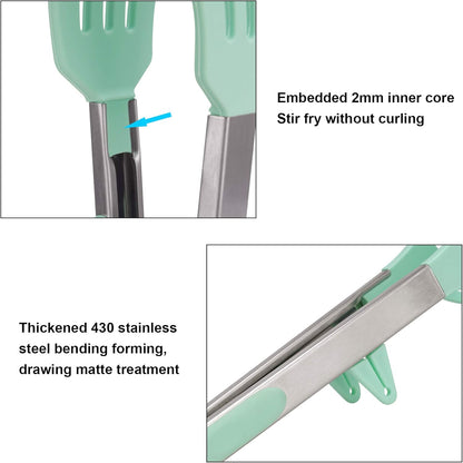 4Pcs Stainless Steel Food Tongs Kit with Silicone Tips, BPA Free, Smart Locking Clip, Green, Dishwasher Safe, Oven Safe, for Cooking, BBQ, Salad, Pasta, Spatula, 4 Sizes