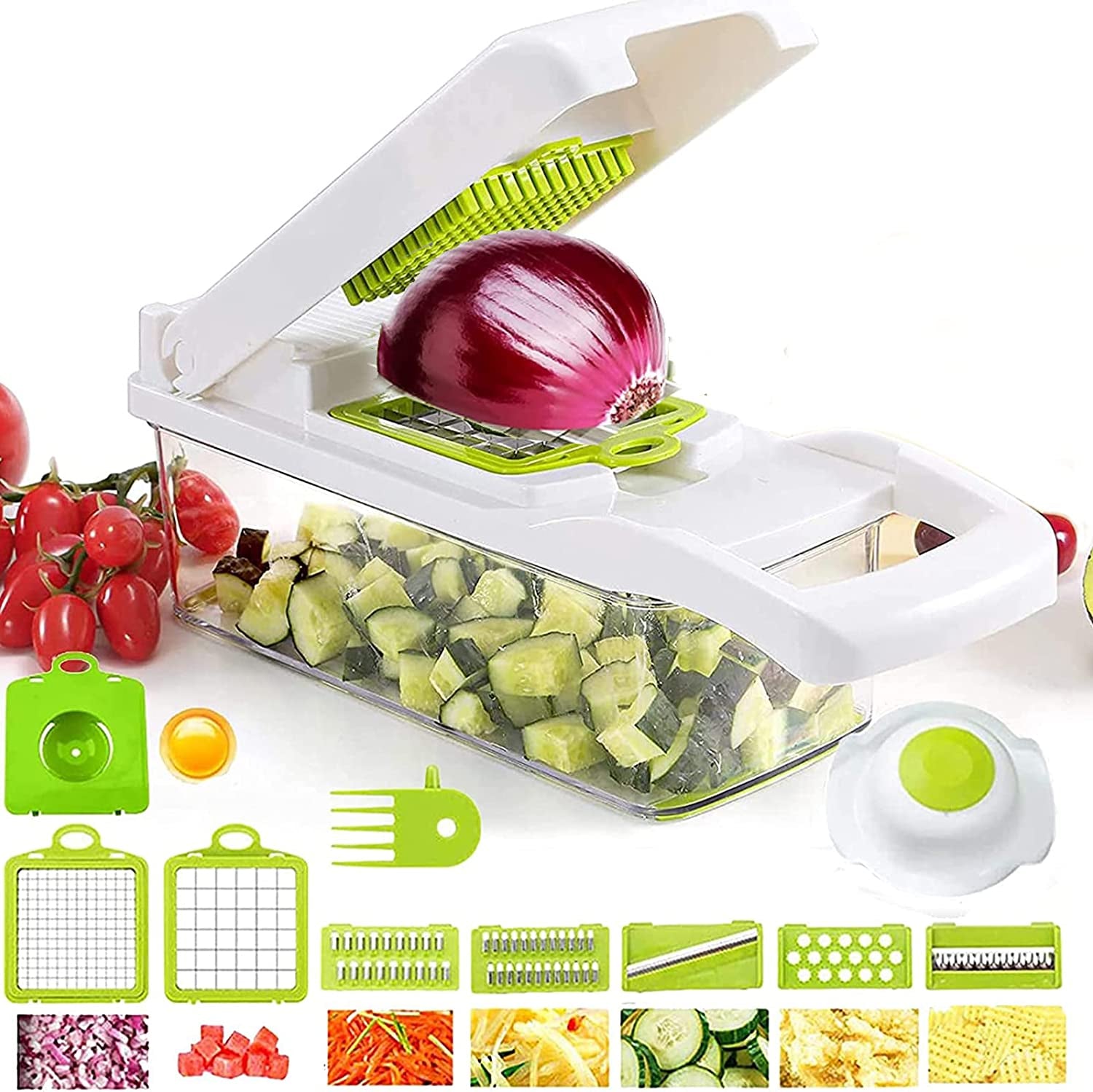 Onion Chopper,Vegetable Chopper Food Chopper with Large Container,12 in 1 Adjustable Mandolin Slicer, Multi-Blade for Food Salad Potato Veggie Fruit Chopper Cutter (White)