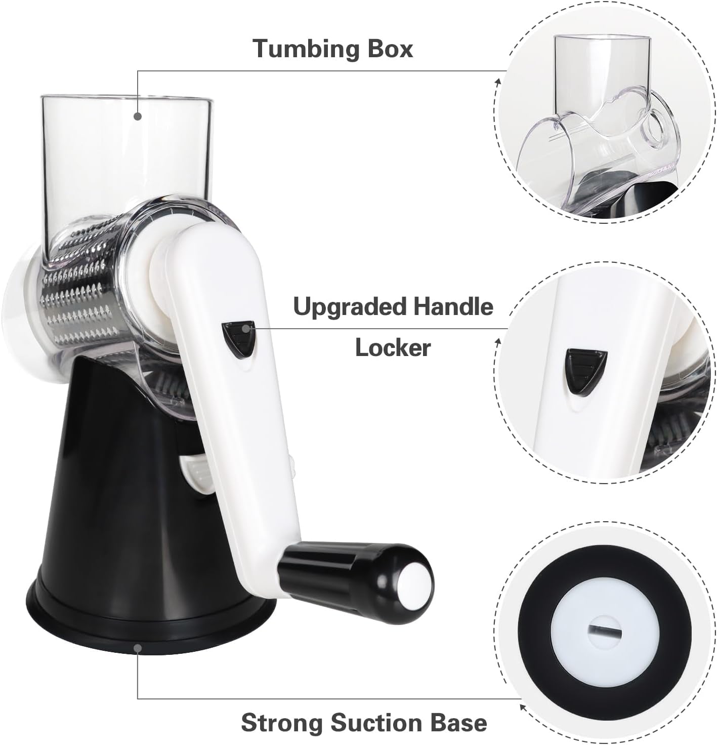 Rotary Cheese Grater Hand Crank Cheese Shredder for Fresh Cheese, Vegetable, Nuts,Non-Slip Suction Base, Free Cleaning Brush Three Blades, Black