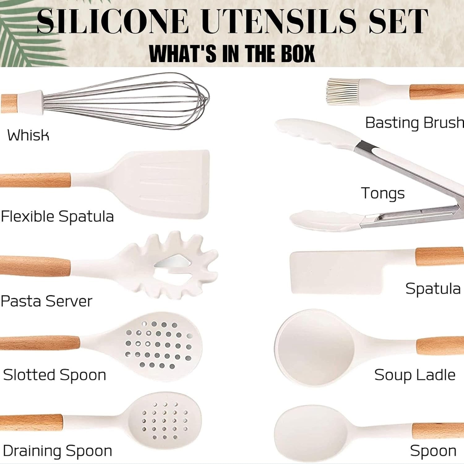 Silicone Kitchen Utensils Set with Holder – 11 Pcs Wooden Cooking Utensils Set Kitchen Gadgets - Heat Resistant Utensil Sets for Cookware & Baking Home Kitchen Accessories (BPA Free) - White