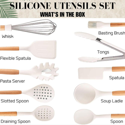 Silicone Kitchen Utensils Set with Holder – 11 Pcs Wooden Cooking Utensils Set Kitchen Gadgets - Heat Resistant Utensil Sets for Cookware & Baking Home Kitchen Accessories (BPA Free) - White