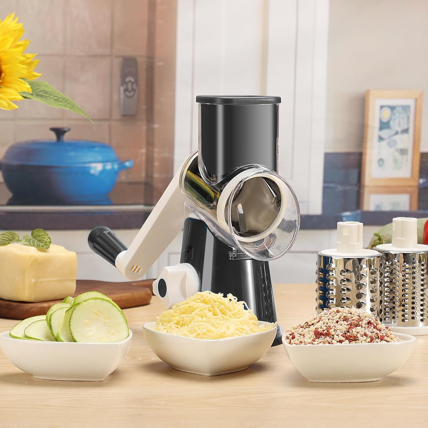 Rotary Cheese Grater Hand Crank Cheese Shredder for Fresh Cheese, Vegetable, Nuts,Non-Slip Suction Base, Free Cleaning Brush Three Blades, Black