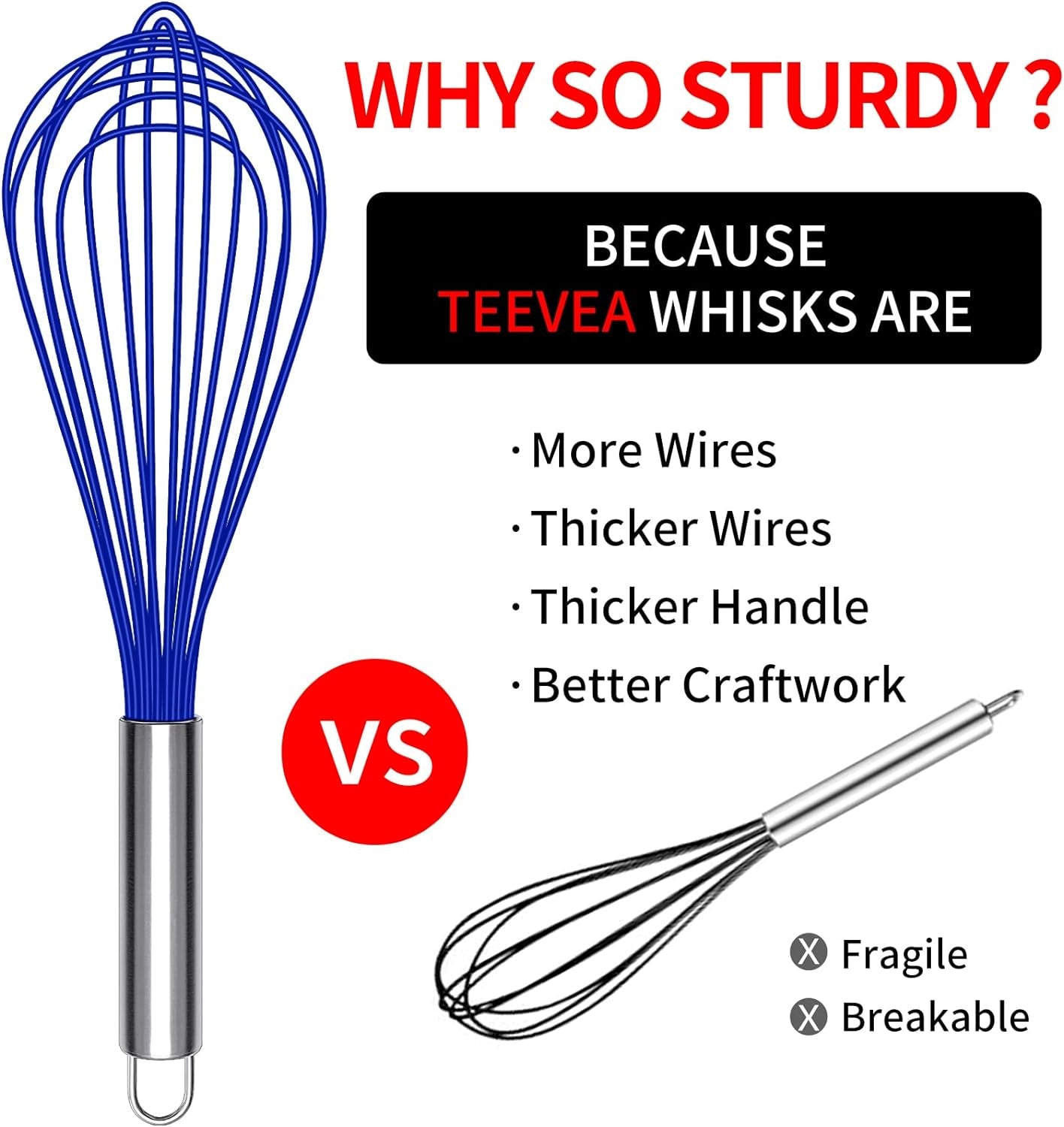 Silicone Whisk, Heat Resistant Stainless Steel Wire Whisk Set of 3, Kitchen Cooking Whisks No Scratch, Non-Stick Cookware Balloon Egg Beater for Blending, Whisking, Frothing & Stirring, Blue remove few words