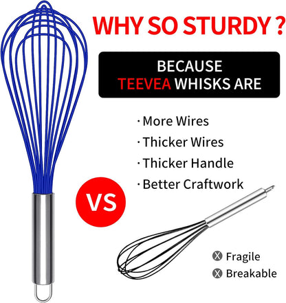 Silicone Whisk, Heat Resistant Stainless Steel Wire Whisk Set of 3, Kitchen Cooking Whisks No Scratch, Non-Stick Cookware Balloon Egg Beater for Blending, Whisking, Frothing & Stirring, Blue remove few words