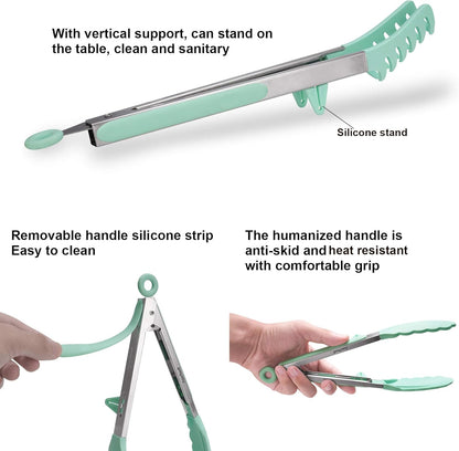 4Pcs Stainless Steel Food Tongs Kit with Silicone Tips, BPA Free, Smart Locking Clip, Green, Dishwasher Safe, Oven Safe, for Cooking, BBQ, Salad, Pasta, Spatula, 4 Sizes