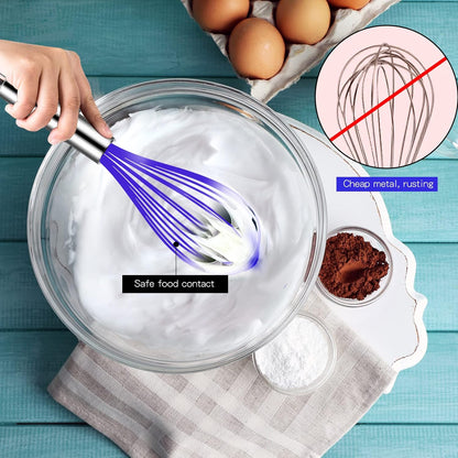 Silicone Whisk, Heat Resistant Stainless Steel Wire Whisk Set of 3, Kitchen Cooking Whisks No Scratch, Non-Stick Cookware Balloon Egg Beater for Blending, Whisking, Frothing & Stirring, Blue remove few words