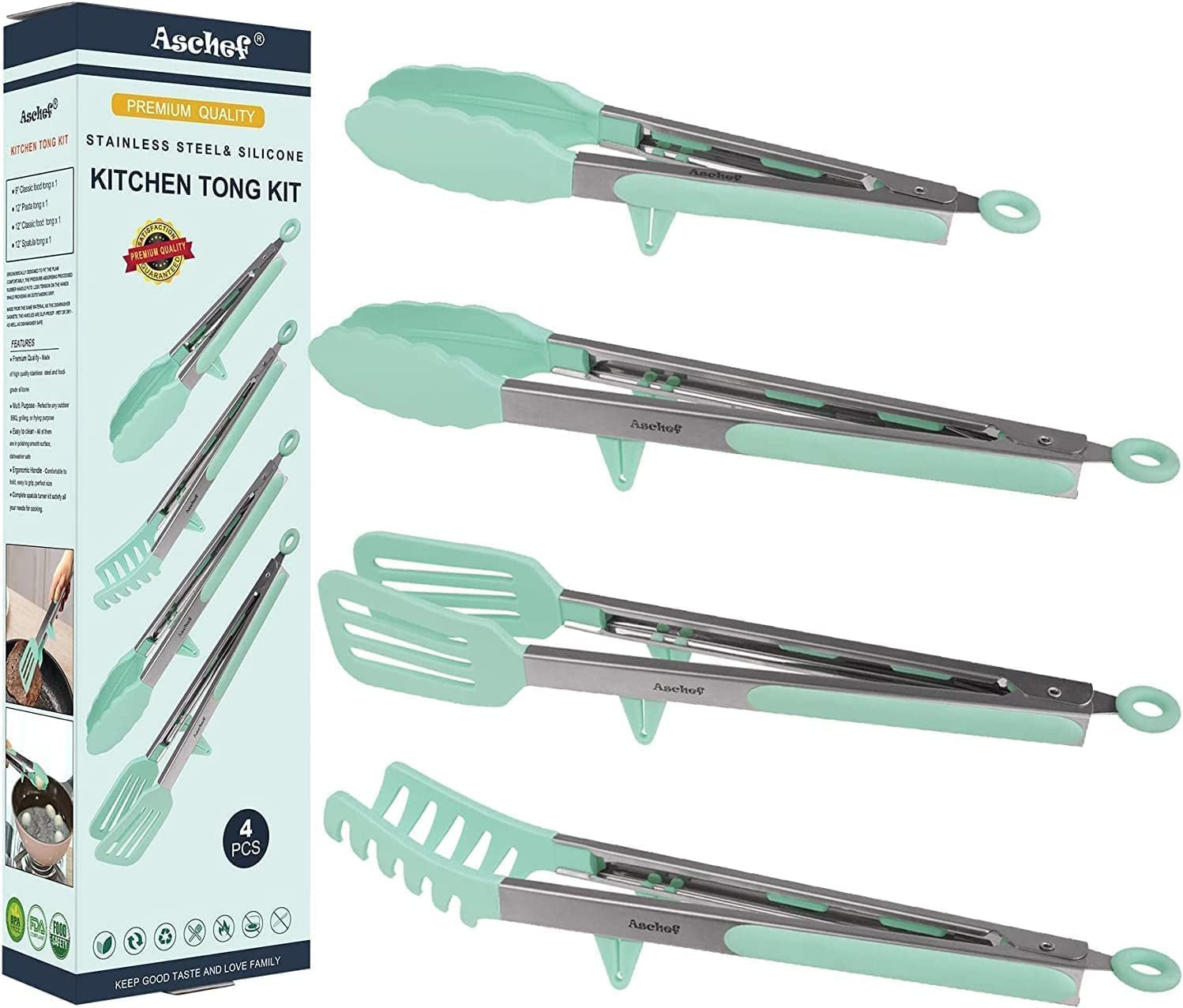 4Pcs Stainless Steel Food Tongs Kit with Silicone Tips, BPA Free, Smart Locking Clip, Green, Dishwasher Safe, Oven Safe, for Cooking, BBQ, Salad, Pasta, Spatula, 4 Sizes