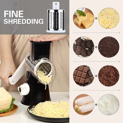 Rotary Cheese Grater Hand Crank Cheese Shredder for Fresh Cheese, Vegetable, Nuts,Non-Slip Suction Base, Free Cleaning Brush Three Blades, Black