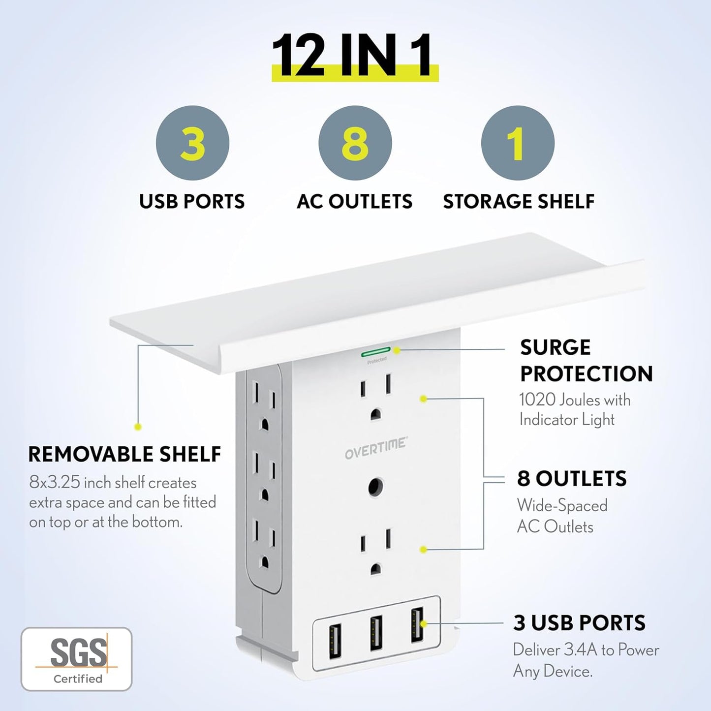 Outlet Extender, Outlet Splitter with 8 AC and 3 USB Outlets, Detachable Shelf, Multi-Plug Outlet Extender with Surge Protector for Home Appliances, Office, and Travel - White