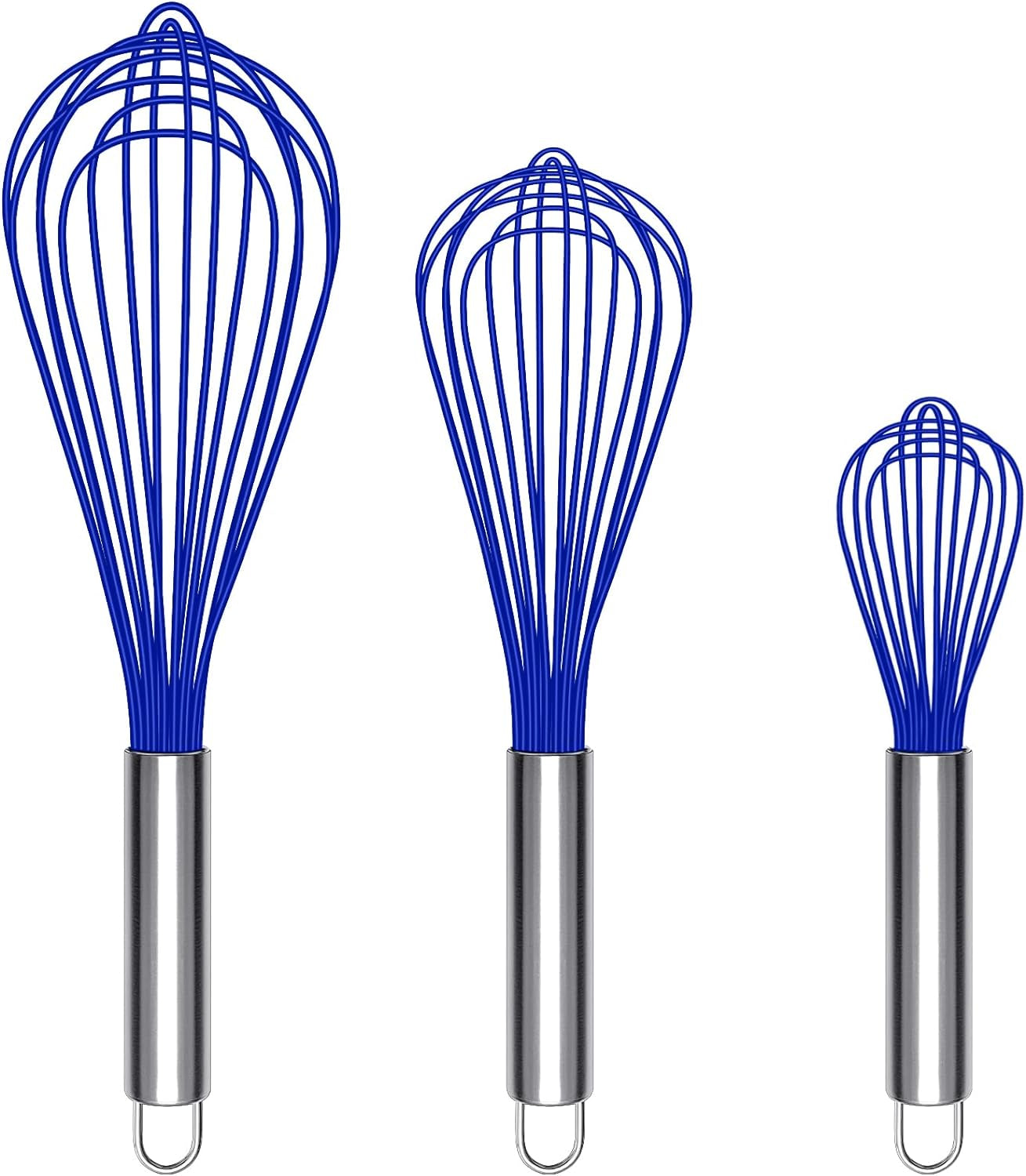 Silicone Whisk, Heat Resistant Stainless Steel Wire Whisk Set of 3, Kitchen Cooking Whisks No Scratch, Non-Stick Cookware Balloon Egg Beater for Blending, Whisking, Frothing & Stirring, Blue remove few words