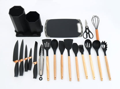 Cooking Utensils Set, 19 PCS Silicone Kitchen Utensils Set with Holder and Kitchen Knife Set for Cooking, Non-Stick Heat Resistan Kitchen Tools and Gadgets with Wooden Handle (Black), Large