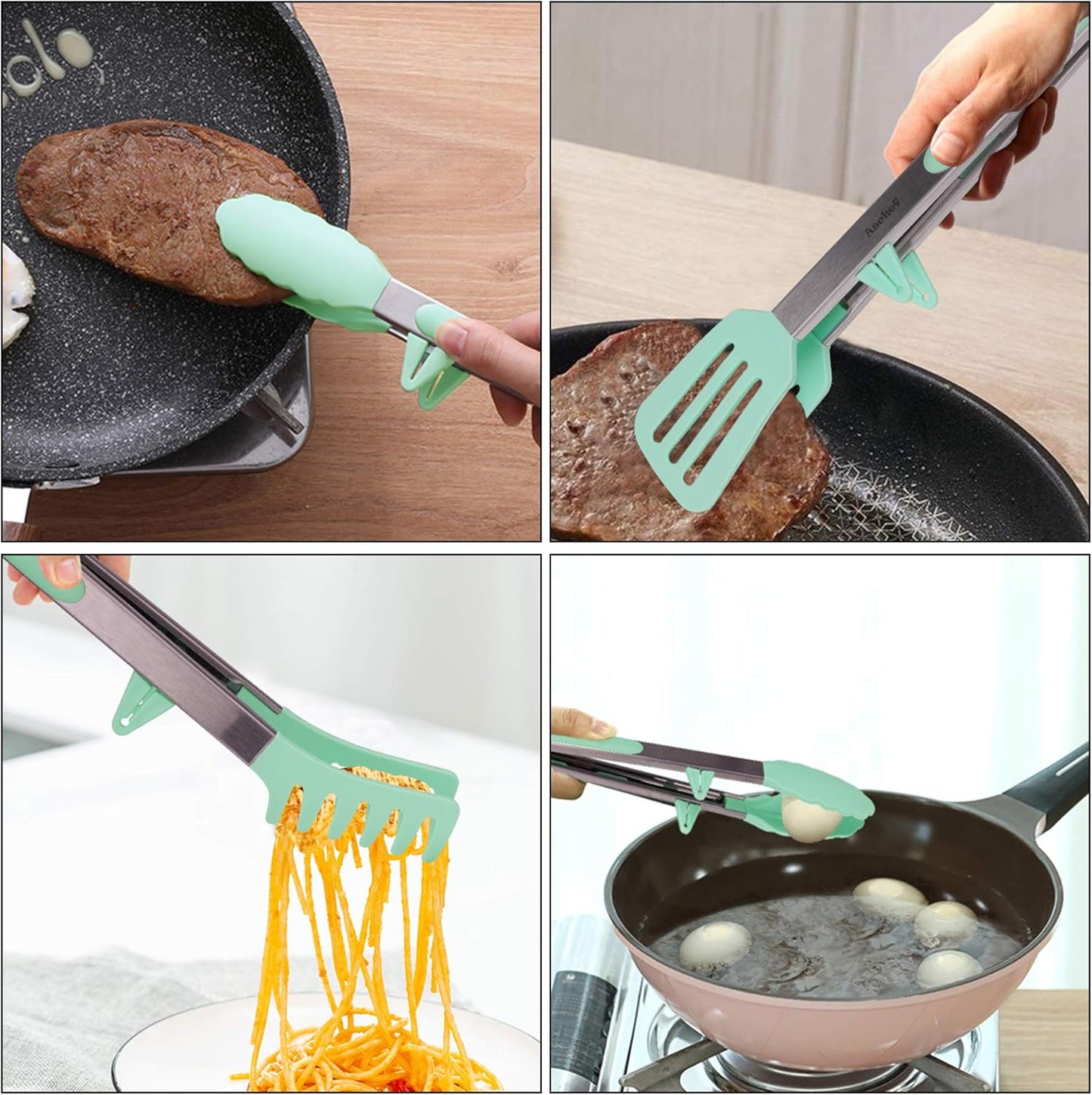 4Pcs Stainless Steel Food Tongs Kit with Silicone Tips, BPA Free, Smart Locking Clip, Green, Dishwasher Safe, Oven Safe, for Cooking, BBQ, Salad, Pasta, Spatula, 4 Sizes